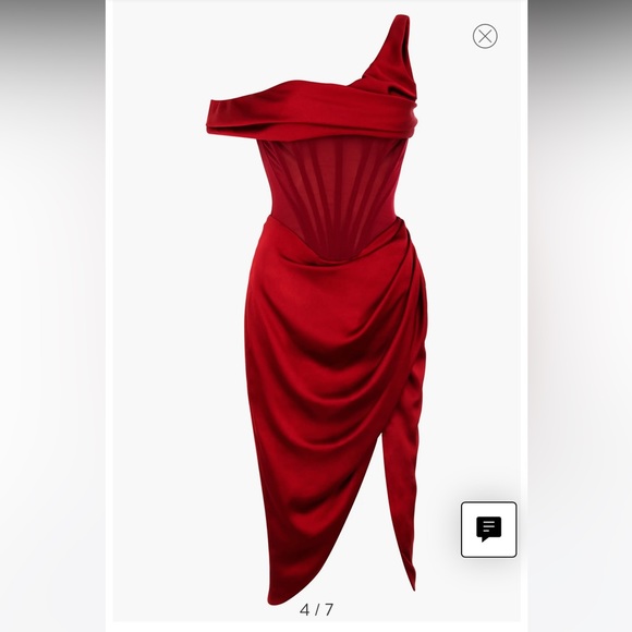 House of CB Lulu red dress- Red asymmetric draped corset midi satin dress - Picture 11 of 14